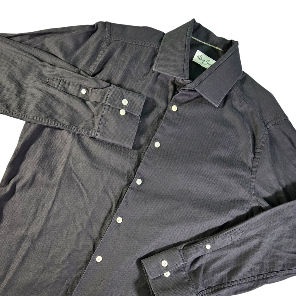 Robert Graham Mens Textured Button Down Shirt Jacquard Black L XL 17 Long Sleeve